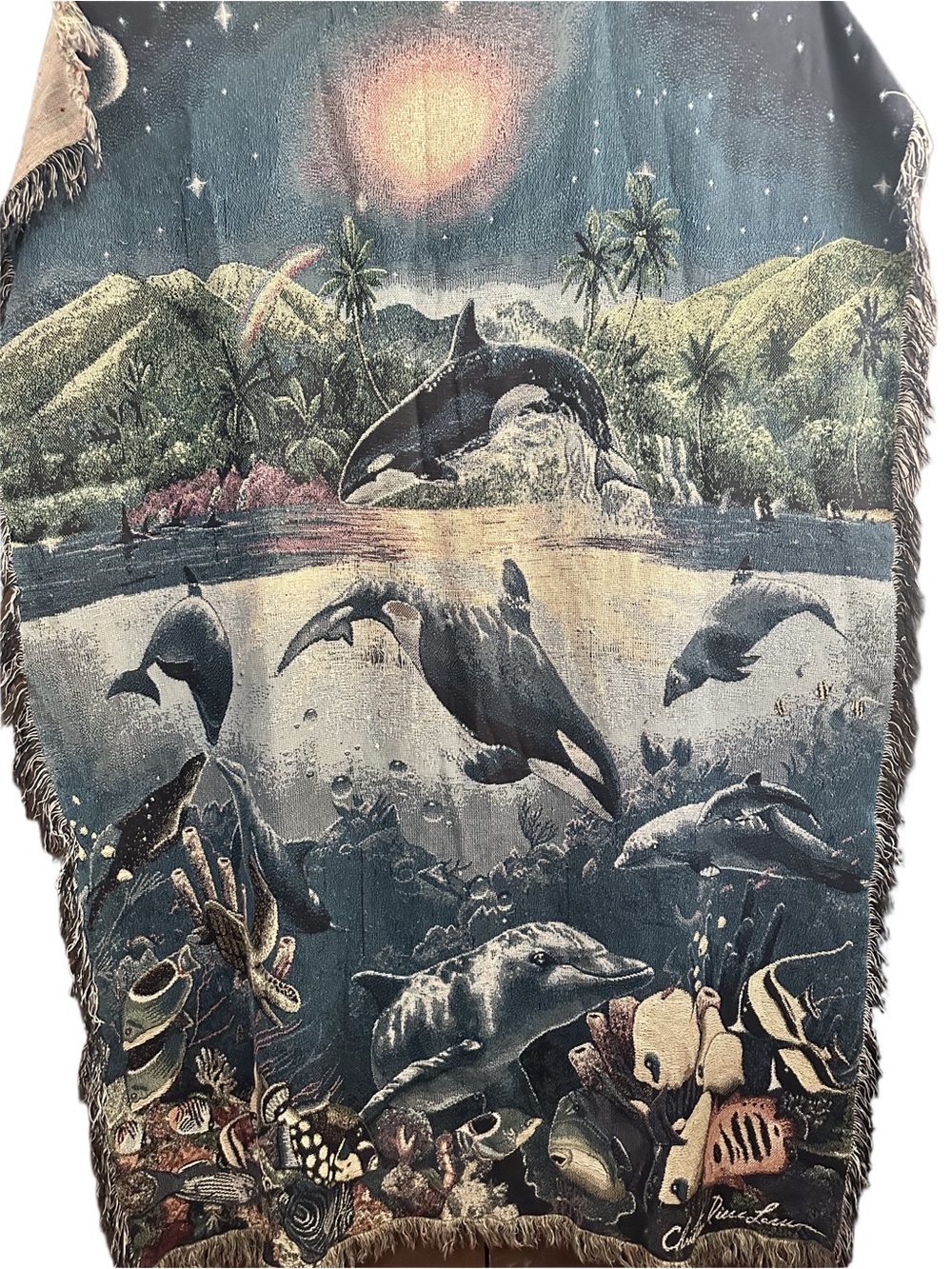 Christian Riese Lassen Rainbow Sea Tropical Dolphin Tapestry Throw Ocean Fringe